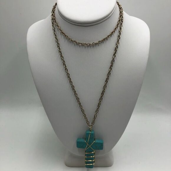 Vintage Turquoise Long Cross Pendant Necklace Handmade Religious Spiritual - Picture 1 of 9